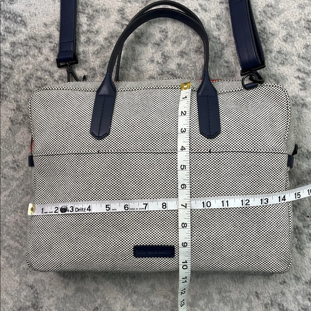 BEN MINKOFF FULTON MESSENGER BRIEFCASE BLACK WHITE FABRIC NAVY LEATHER TRIM